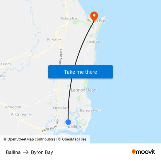 Ballina to Byron Bay map