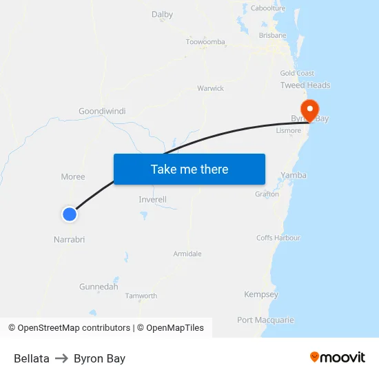 Bellata to Byron Bay map