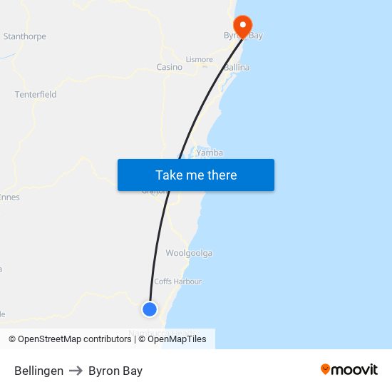Bellingen to Byron Bay map