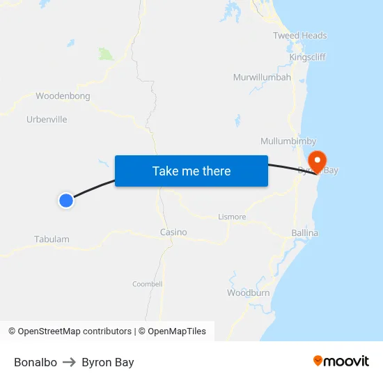 Bonalbo to Byron Bay map