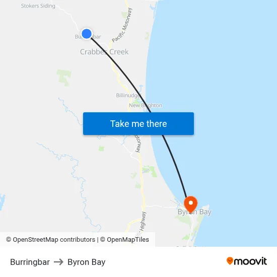 Burringbar to Byron Bay map