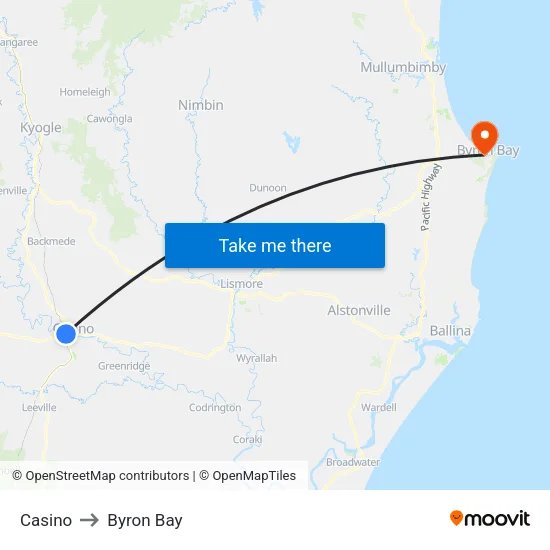 Casino to Byron Bay map