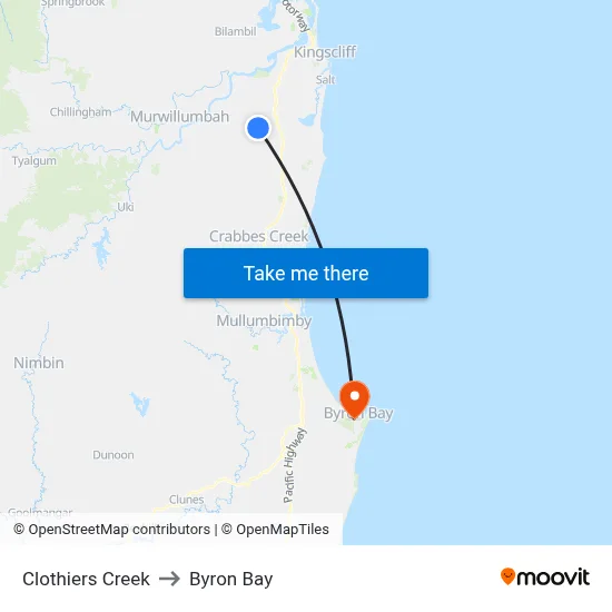 Clothiers Creek to Byron Bay map