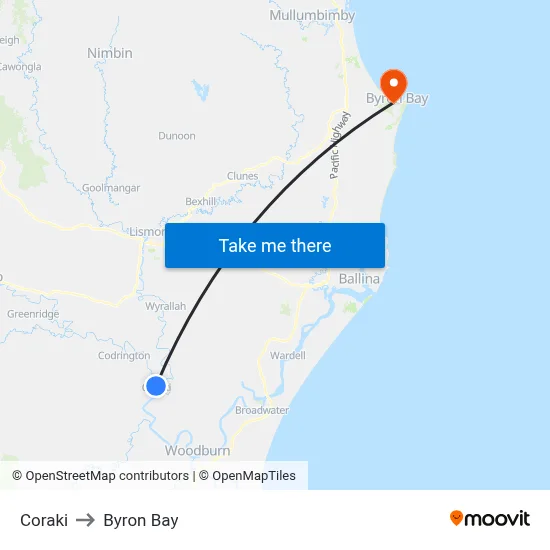 Coraki to Byron Bay map