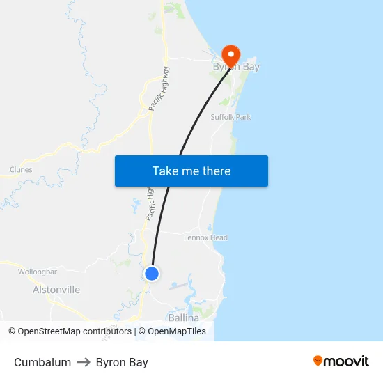 Cumbalum to Byron Bay map