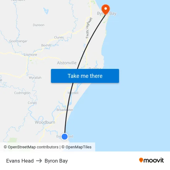 Evans Head to Byron Bay map