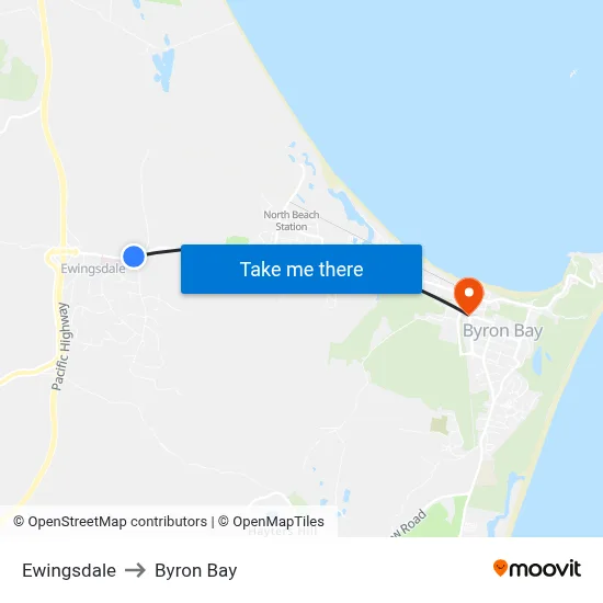 Ewingsdale to Byron Bay map