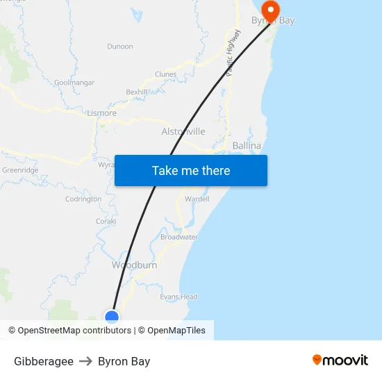 Gibberagee to Byron Bay map