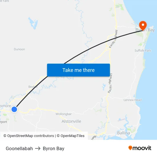 Goonellabah to Byron Bay map