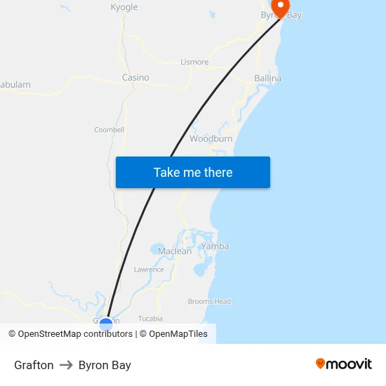 Grafton to Byron Bay map