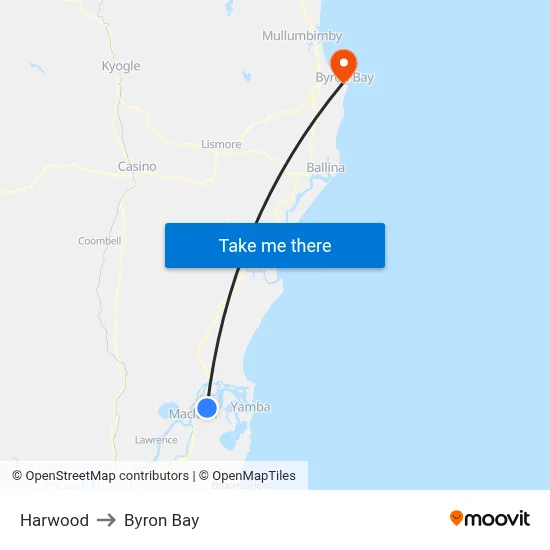 Harwood to Byron Bay map