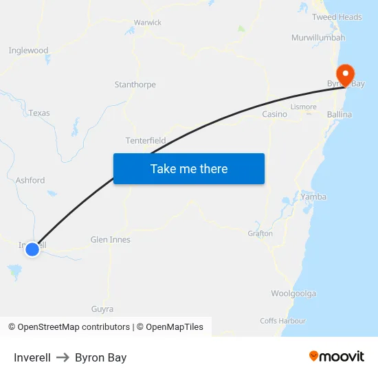 Inverell to Byron Bay map