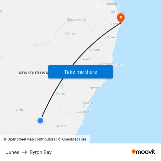 Junee to Byron Bay map