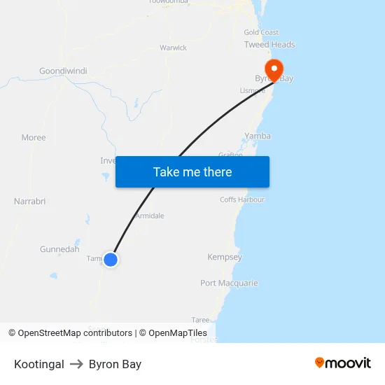 Kootingal to Byron Bay map