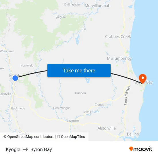 Kyogle to Byron Bay map