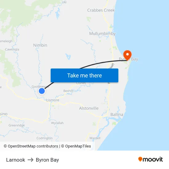 Larnook to Byron Bay map
