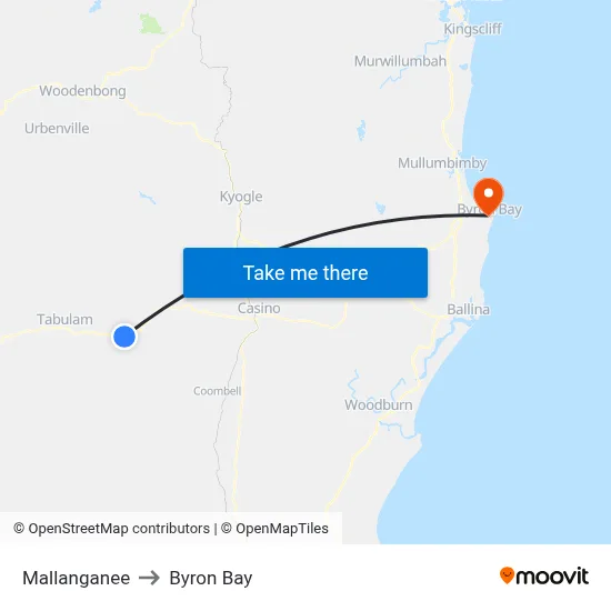 Mallanganee to Byron Bay map