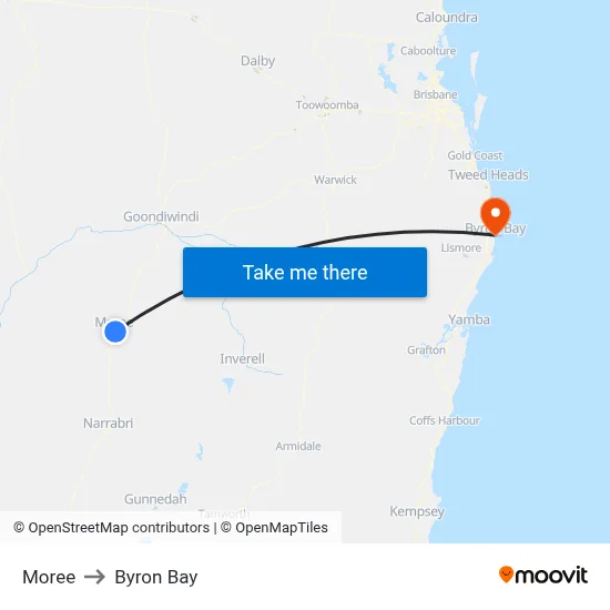 Moree to Byron Bay map