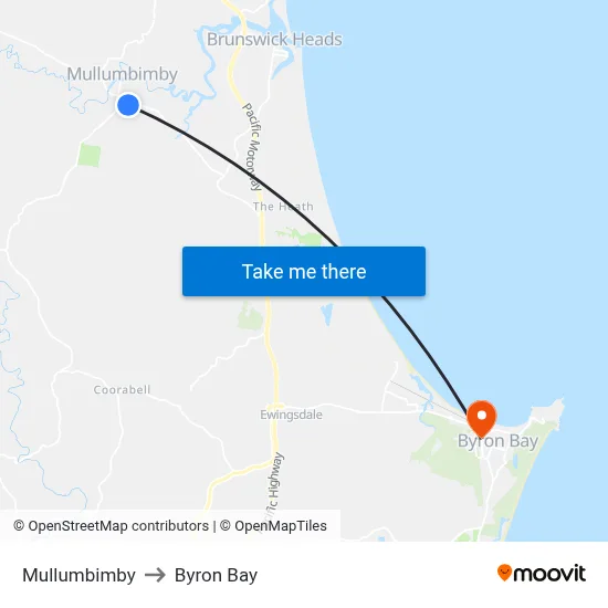 Mullumbimby to Byron Bay map