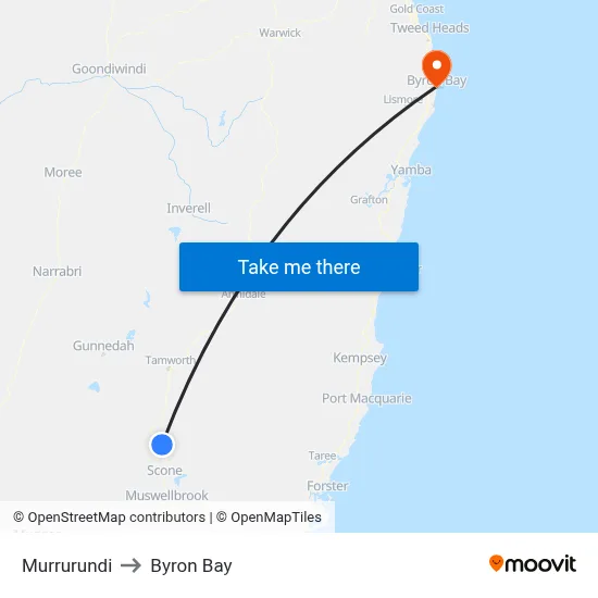 Murrurundi to Byron Bay map