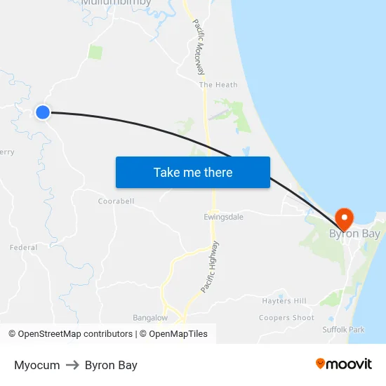 Myocum to Byron Bay map