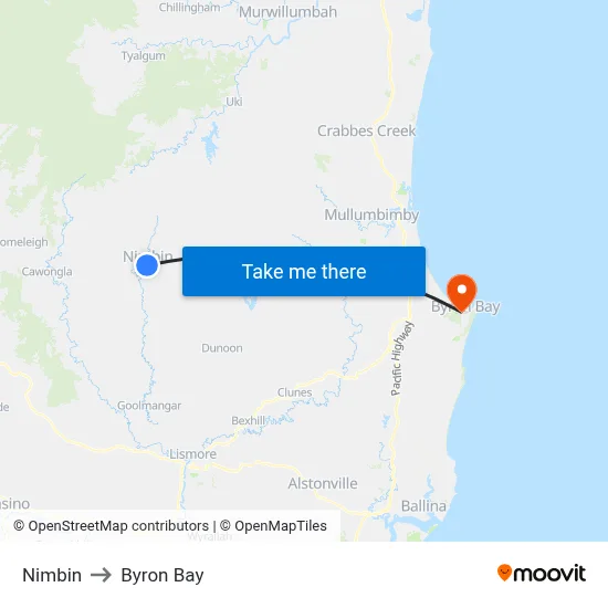 Nimbin to Byron Bay map