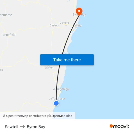 Sawtell to Byron Bay map