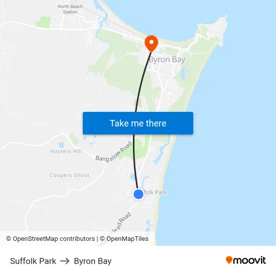Suffolk Park to Byron Bay map