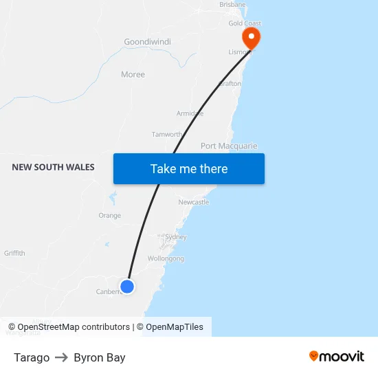 Tarago to Byron Bay map