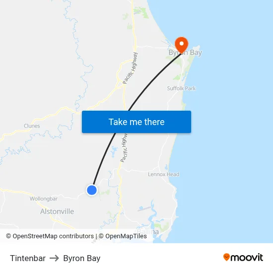Tintenbar to Byron Bay map