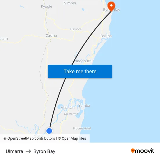 Ulmarra to Byron Bay map