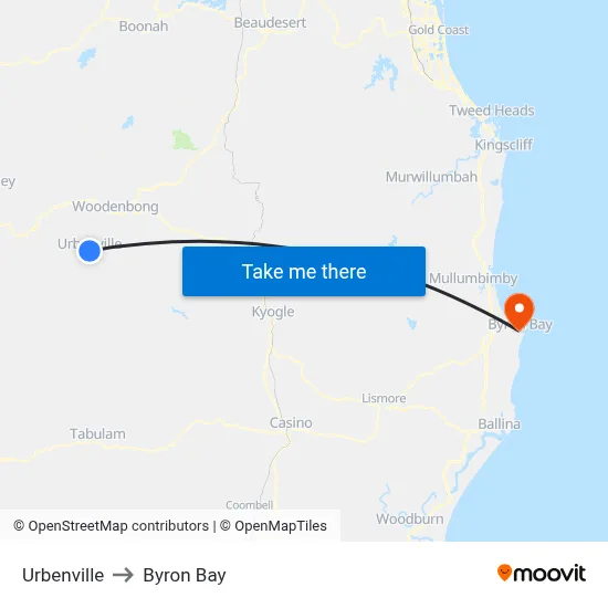 Urbenville to Byron Bay map