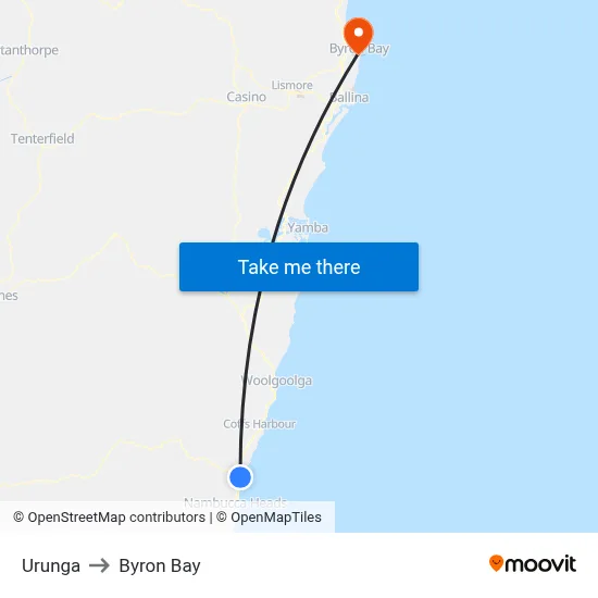 Urunga to Byron Bay map