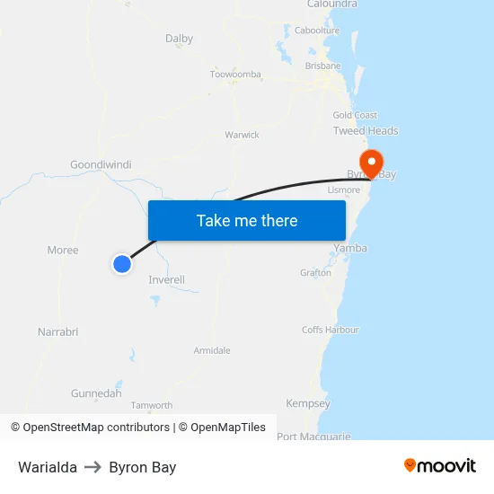 Warialda to Byron Bay map
