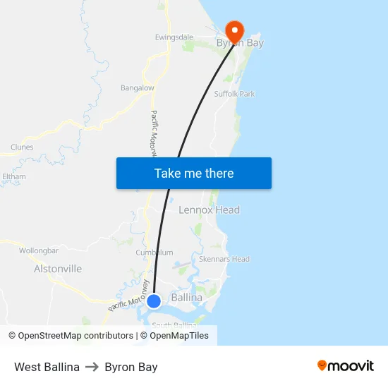 West Ballina to Byron Bay map