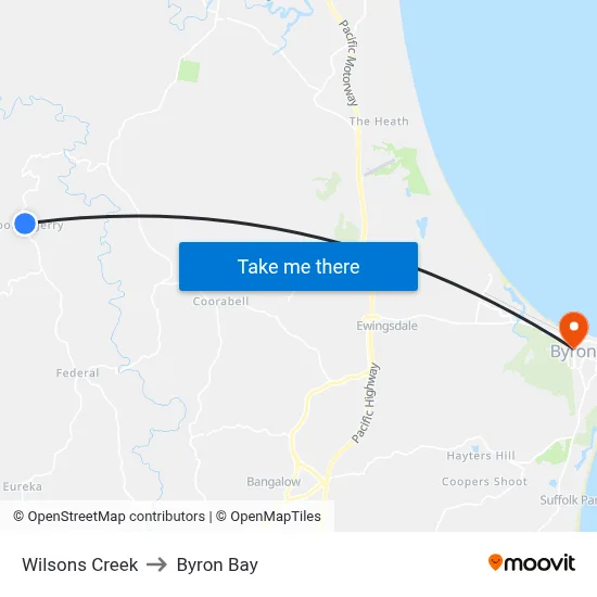 Wilsons Creek to Byron Bay map