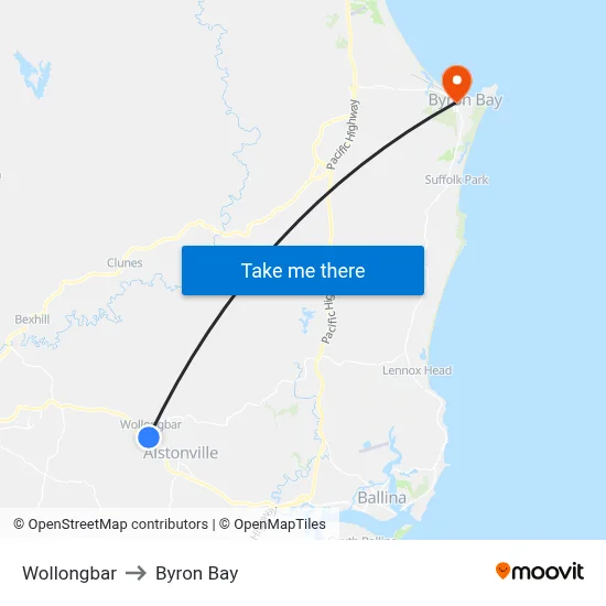 Wollongbar to Byron Bay map