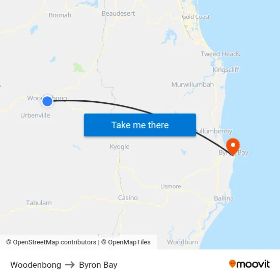 Woodenbong to Byron Bay map
