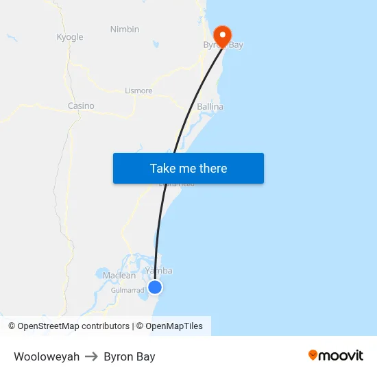 Wooloweyah to Byron Bay map