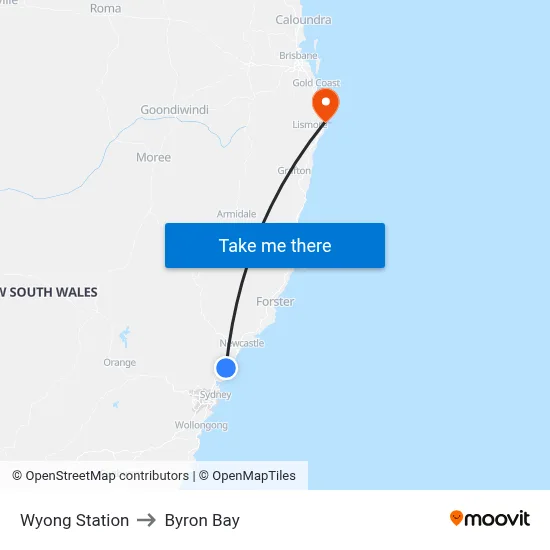 Wyong Station to Byron Bay map