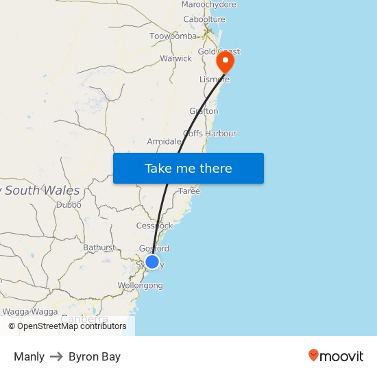 Manly to Byron Bay map