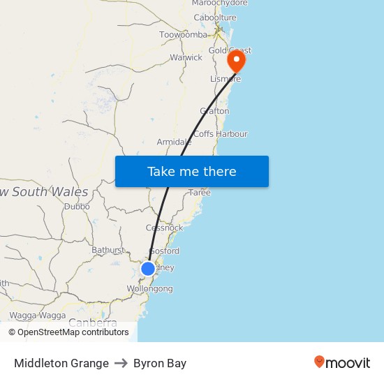 Middleton Grange to Byron Bay map