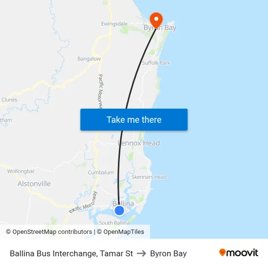 Ballina Bus Interchange, Tamar St to Byron Bay map