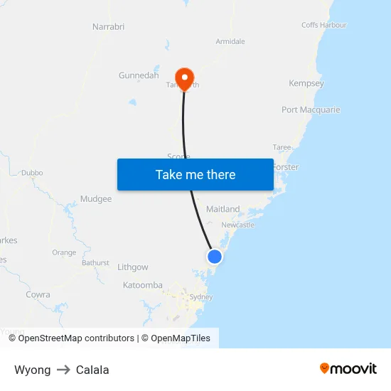 Wyong to Calala map