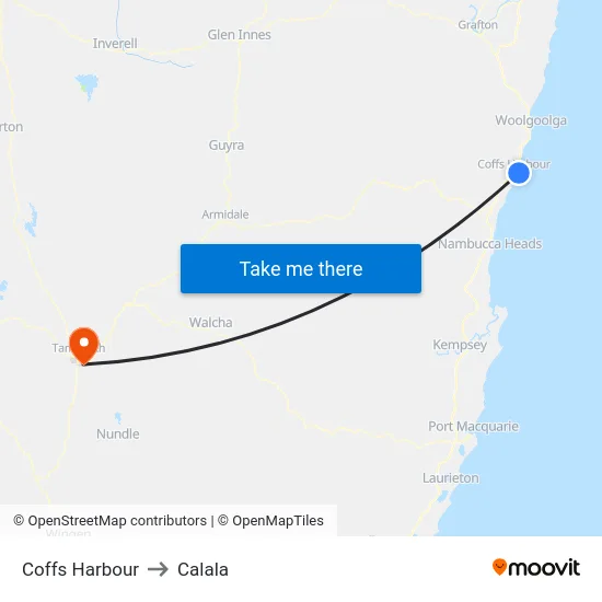 Coffs Harbour to Calala map