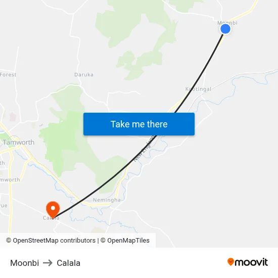 Moonbi to Calala map