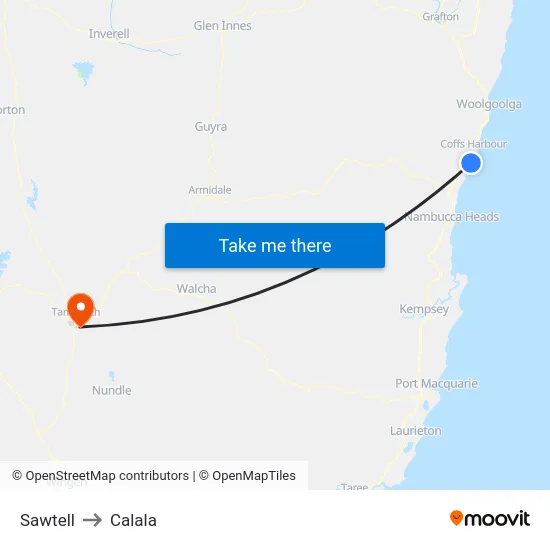 Sawtell to Calala map