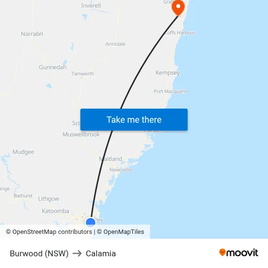 Burwood (NSW) to Calamia map