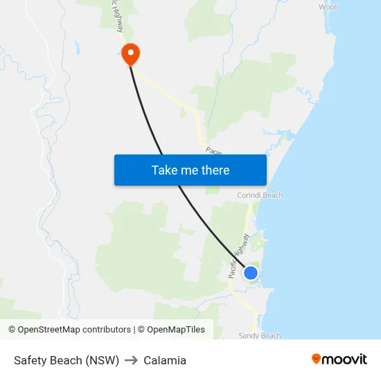 Safety Beach (NSW) to Calamia map