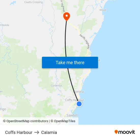 Coffs Harbour to Calamia map